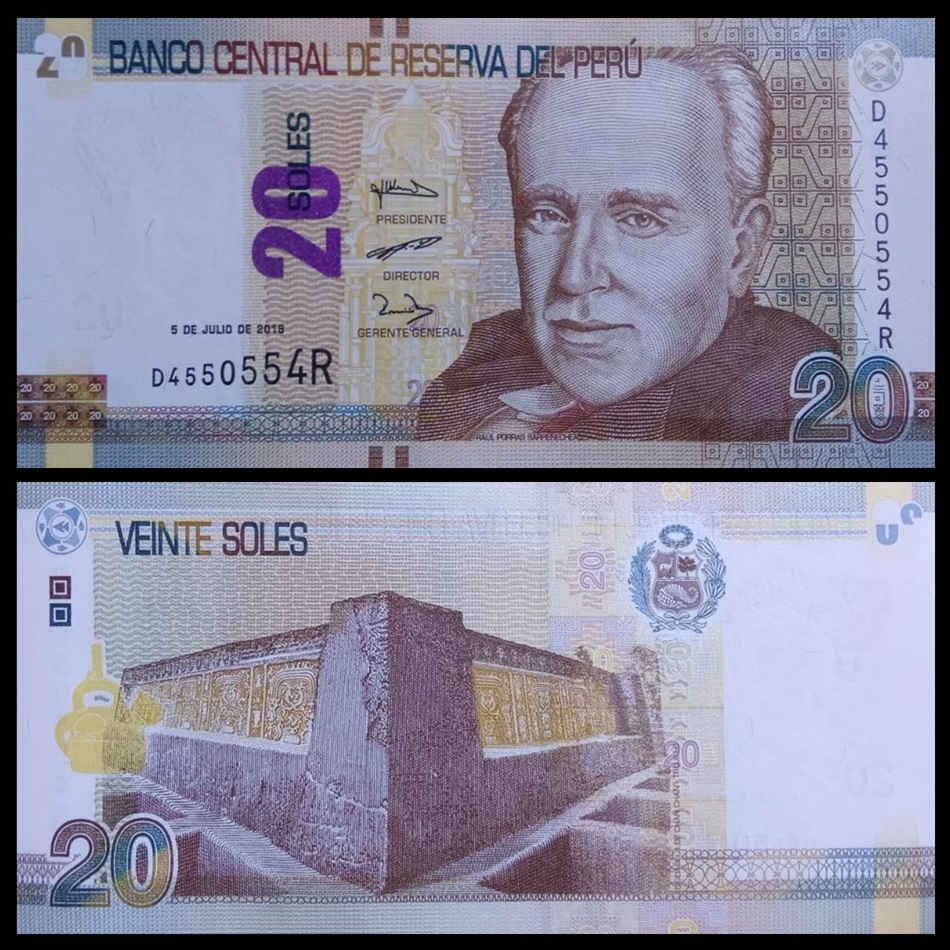 BANKNOTE PERU 20 SOLES RAUL PORRAS BARRENECHEA RADAR CAPICUA SERIE 4550554 P#193 UNC