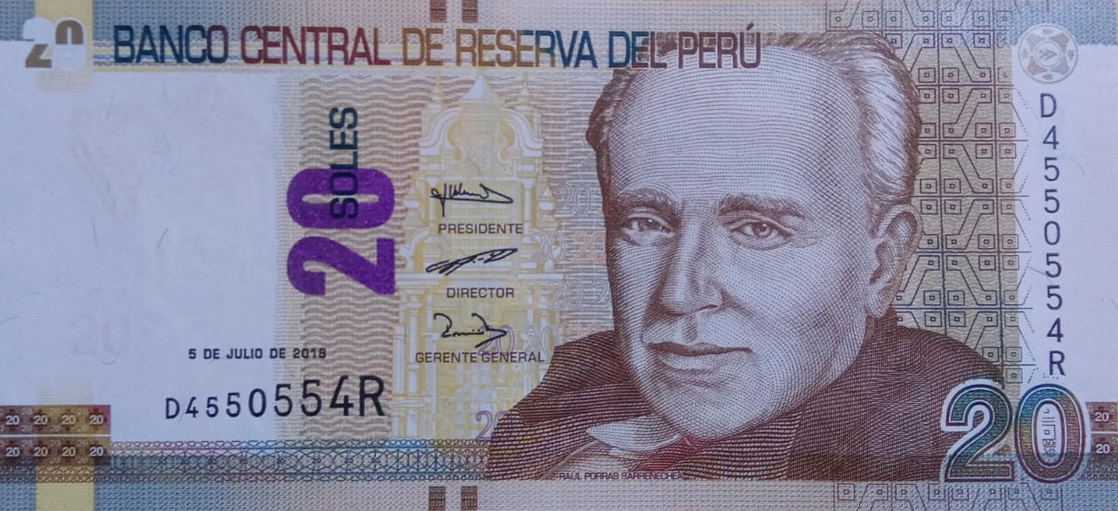 BANKNOTE PERU 20 SOLES RAUL PORRAS BARRENECHEA RADAR CAPICUA SERIE 4550554 P#193 UNC - Imagen 2
