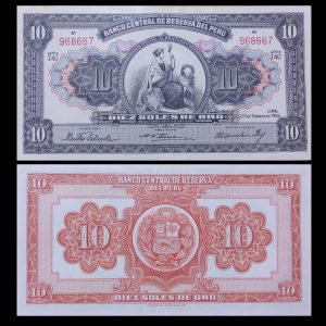 BANKNOTE PERU 10 SOLES DE ORO LIBERTAD SENTADA 1955 P#71 XF