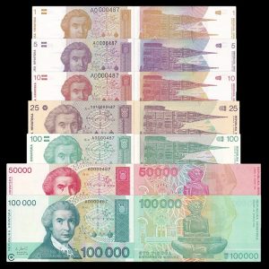 CROACIA - SET DE 7 BILLETES 1, 5, 10, 25, 100, 50000 Y 100000 DINARES (UNC)