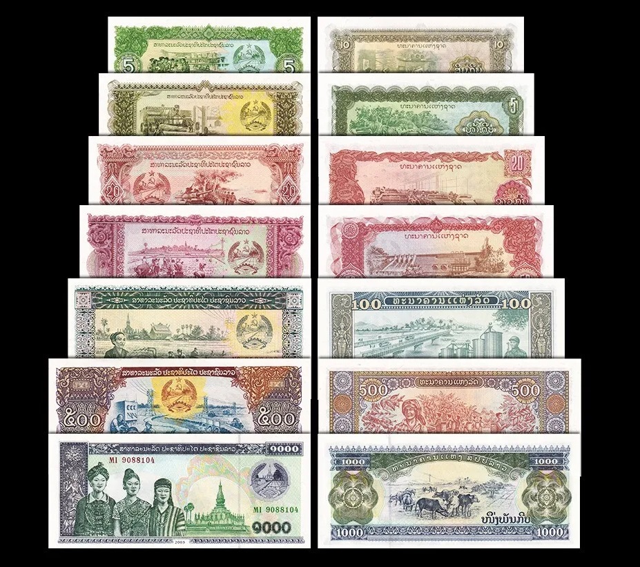 LAOS - SET DE 7 BILLETES 5, 10, 20, 50, 100, 500 Y 1000 KIP (UNC)