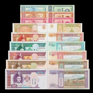 MONGOLIA - SET DE 9 BILLETES 10, 20 Y 50 MONGO + 1, 5, 10, 20, 50 Y 100 TUGRIK (UNC)