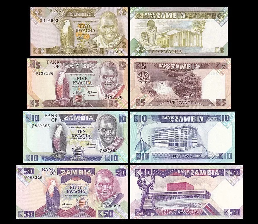 ZAMBIA - SET DE 4 BILLETES 2, 5, 10 Y 50 KWACHA (UNC)