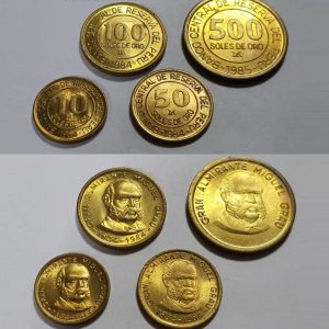 SERIE NUMISMÁTICA SOLES DE ORO GRAN ALMIRANTE MIGUEL GRAU 1984-1985. 500, 100, 50 10 SOLES DE ORO