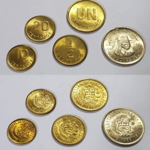 SERIE NUMISMÁTICA SOLES DE ORO 5, 1 Y 1/2 SOLES DE ORO, 20 Y 10 CENTAVOS 1975-1977 (XF/AU)