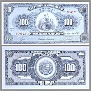 BANKNOTE PERU 100 SOLES DE ORO LIBERTAD SENTADA 1965 P#90 AU