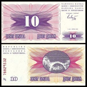 BANKNOTE BOSNIA Y HERZEGOVINA 10 DINARA 1992 P#10 UNC